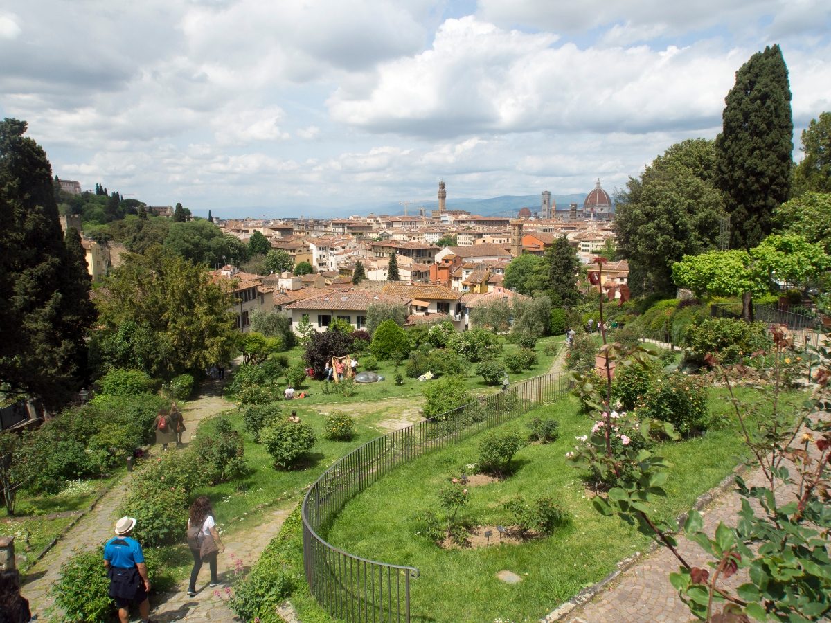 Aerial view of the Giardino dell'Iris and tourists exploring the attraction in Florence, Italy