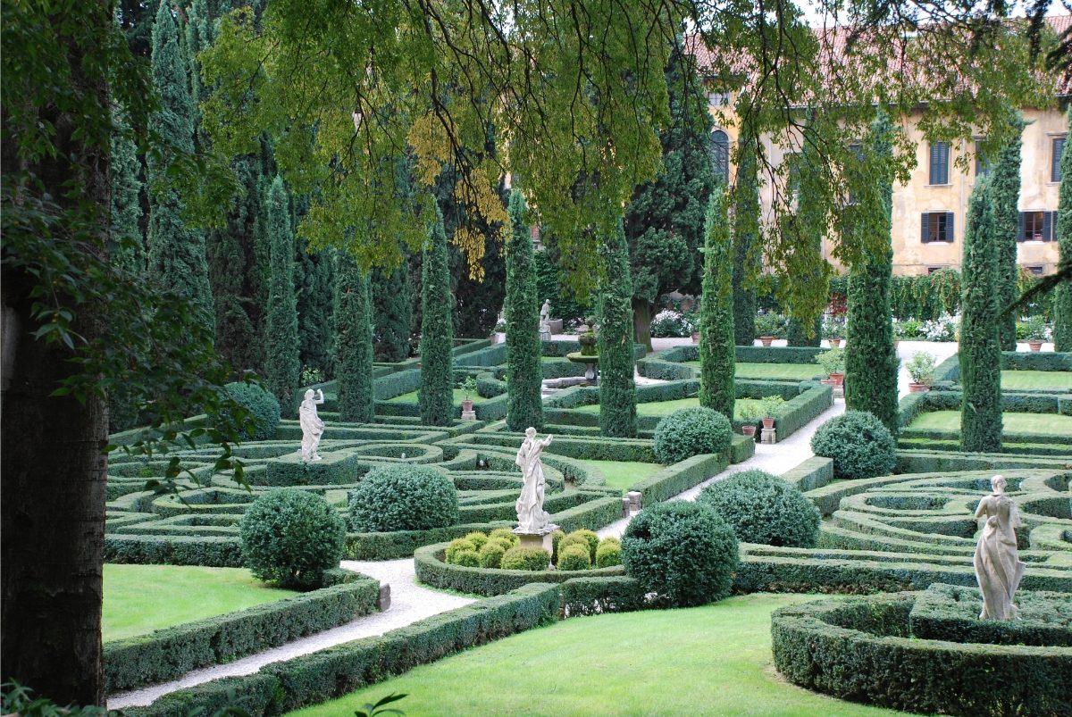 Panoramic view of the Giardino Giusti with sculptures in Verona, Italy