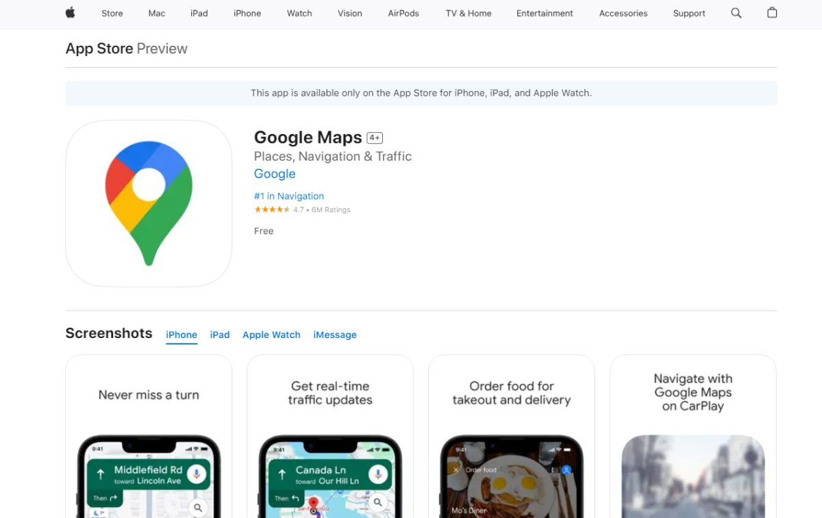 Google Maps App on Apple App Store