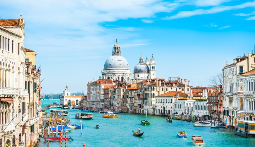 Panoramic view of the Basilica Santa Maria della Salute and Grand Canal in Venice, Italy