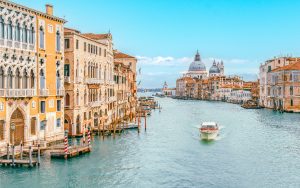 Panoramic view of a vaporetto cruising along the Grand Canal in Venice, Veneto, Italy