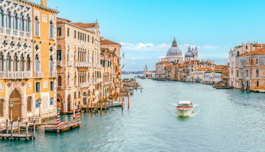 Panoramic view of a vaporetto cruising along the Grand Canal in Venice, Veneto, Italy