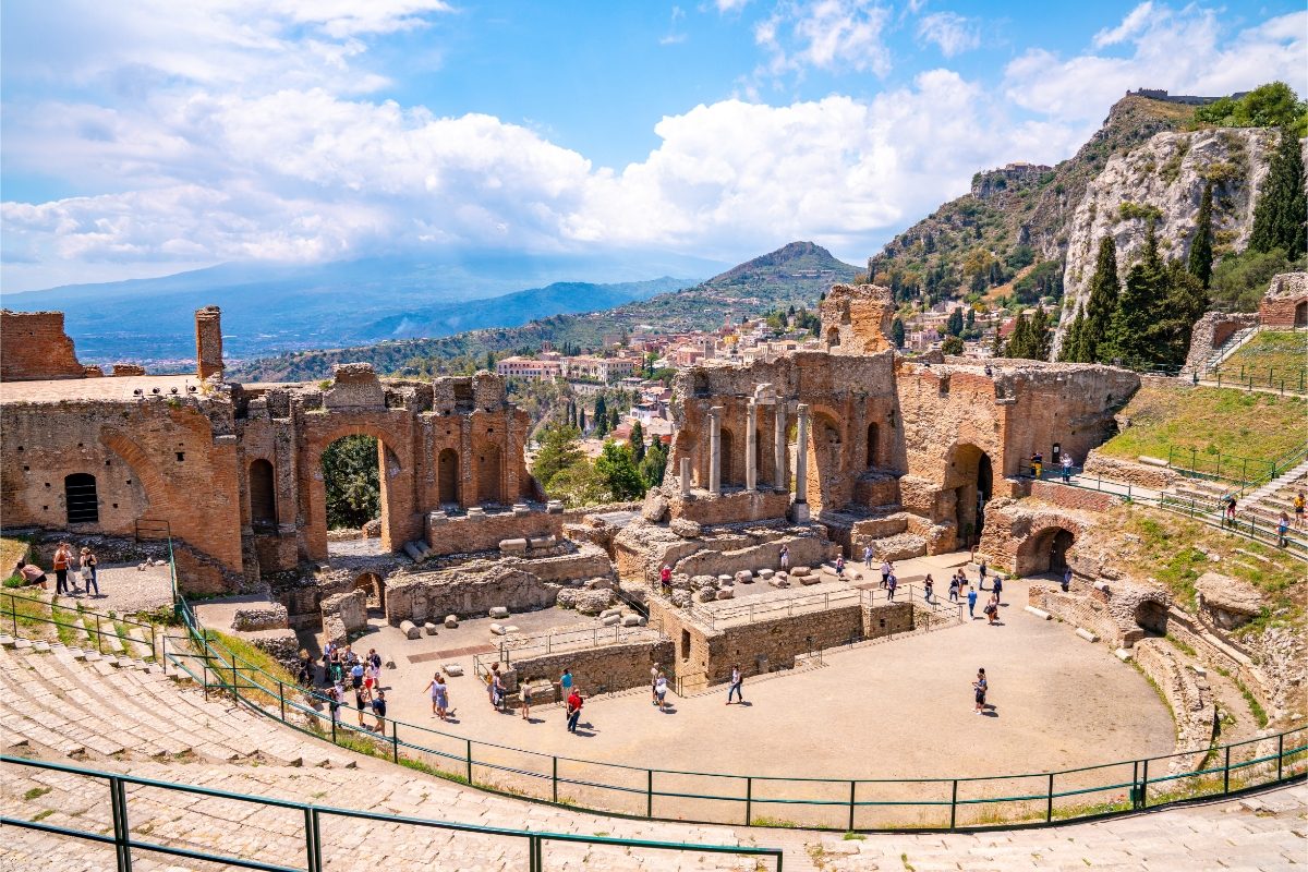 The grand caldron of the ancient Greek Theater in Taormina, Sicily, Italy