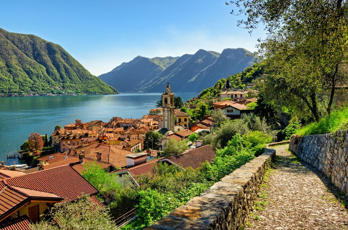 Hiking path at the Greenway del Lago di Como and Lake Como in Italy