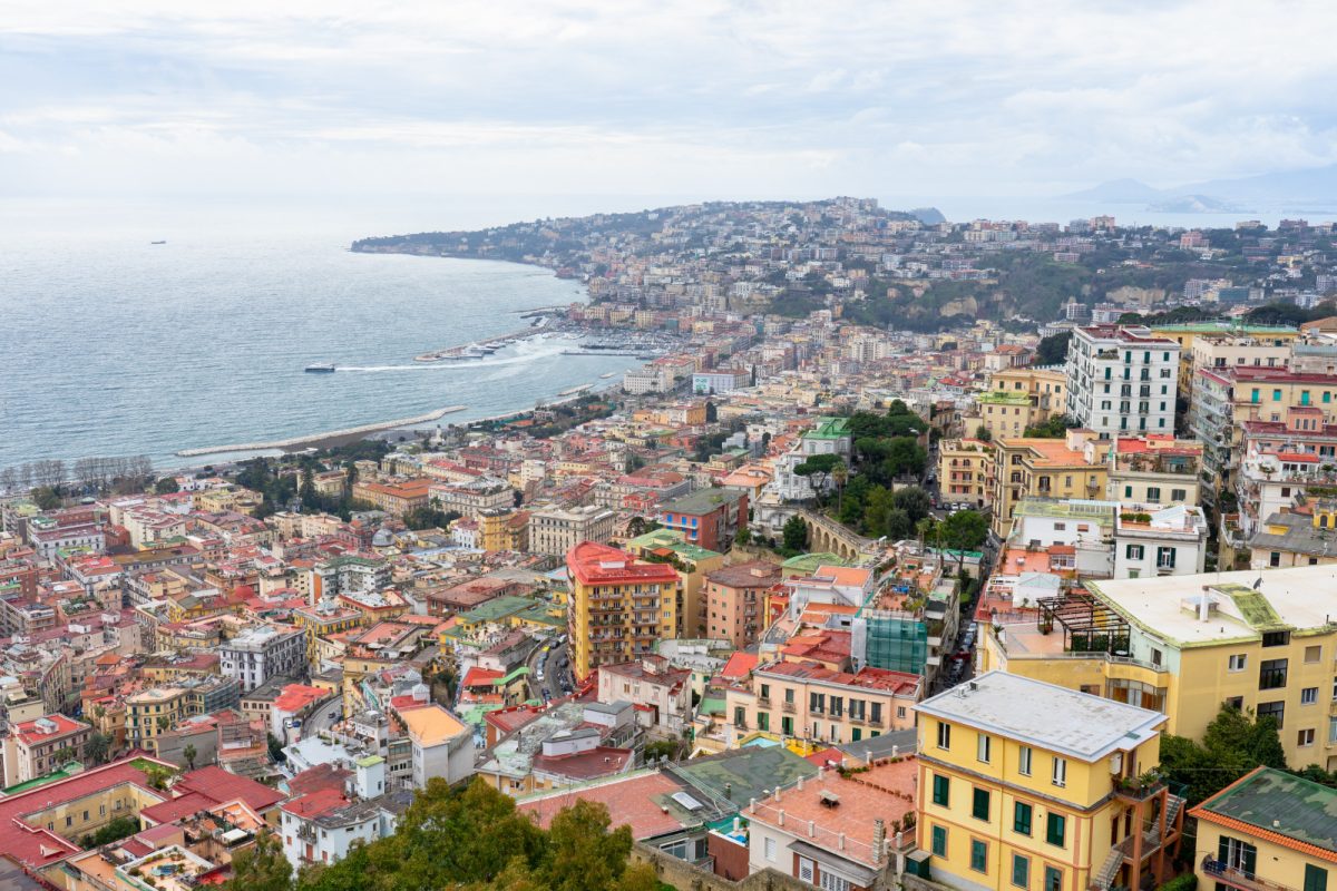 Aerial view of the gulf of Naples and Naples, Italy cityscape