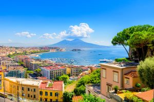 Panoramic view of the Gulf of Naples, Mount Vesuvius, and Naples cityscape in Italy