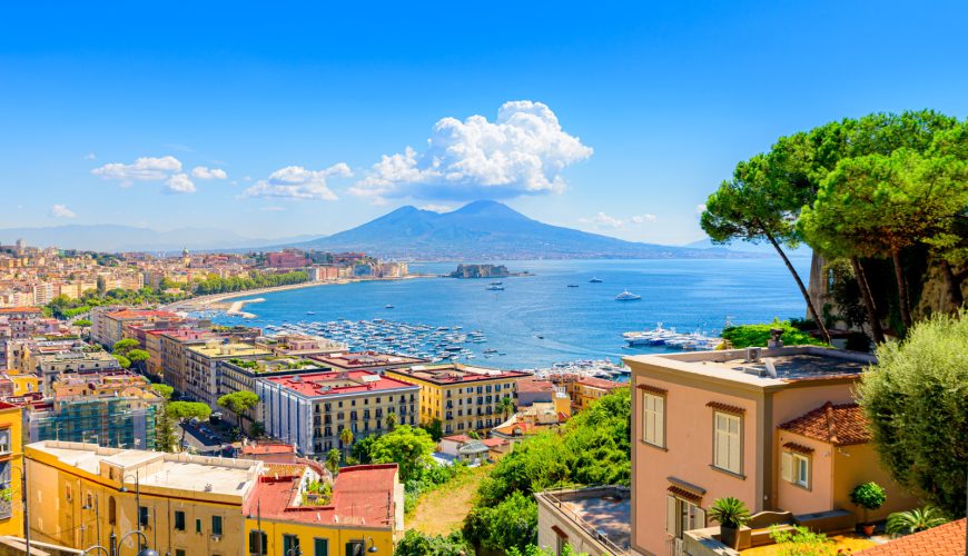 Panoramic view of the Gulf of Naples, Mount Vesuvius, and Naples cityscape in Italy