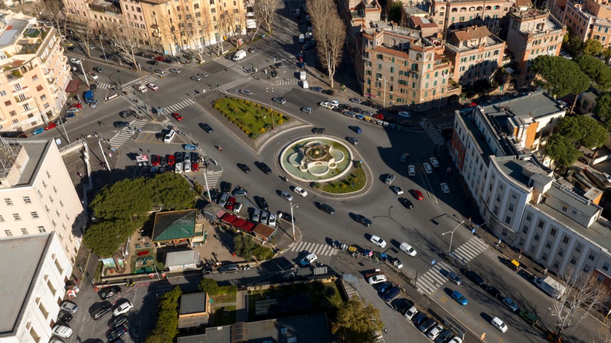 Aerial view of traffic at the Heroes' Square in Rome, Italy