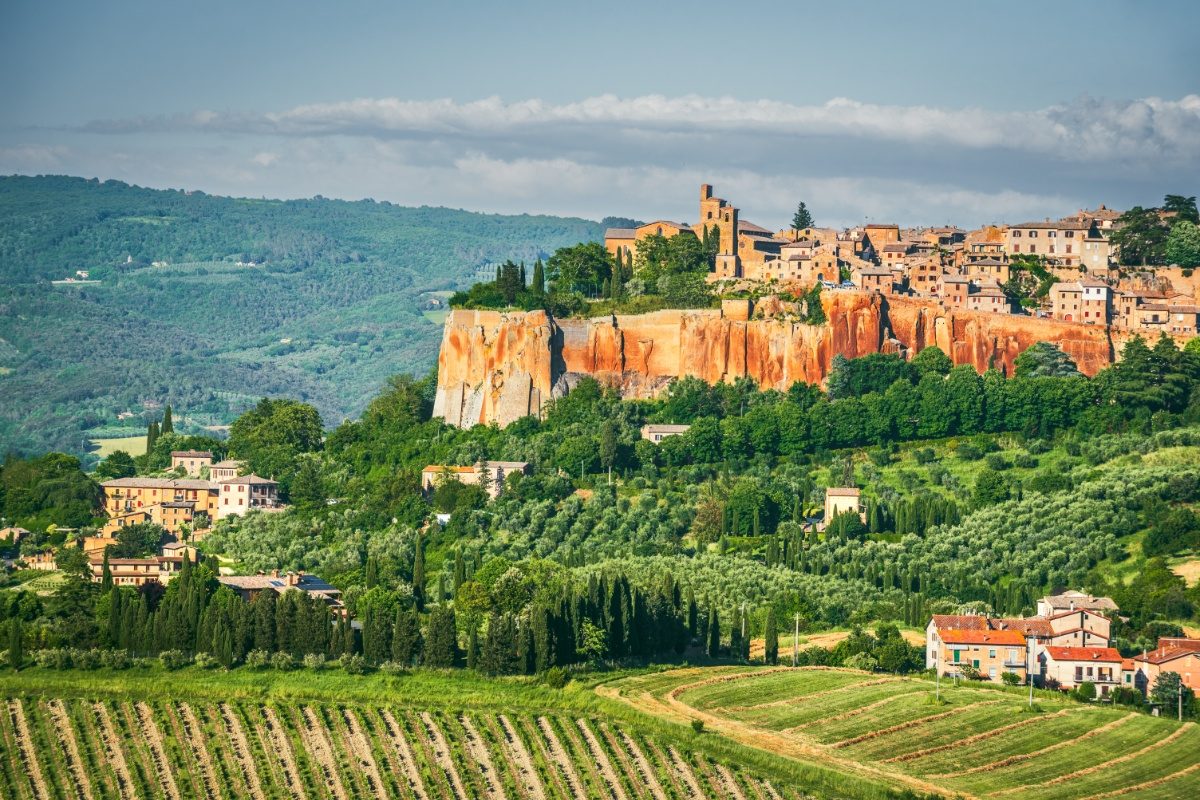 Panoramic view of Orvieto hilltop old town and vineyards in Italy