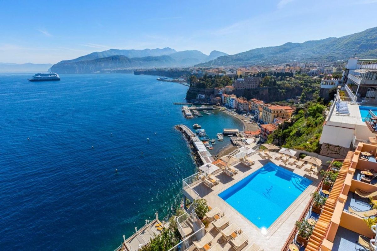 Aerial view of the pool and the accommodation of the Hotel Belair in Sorrento, Italy