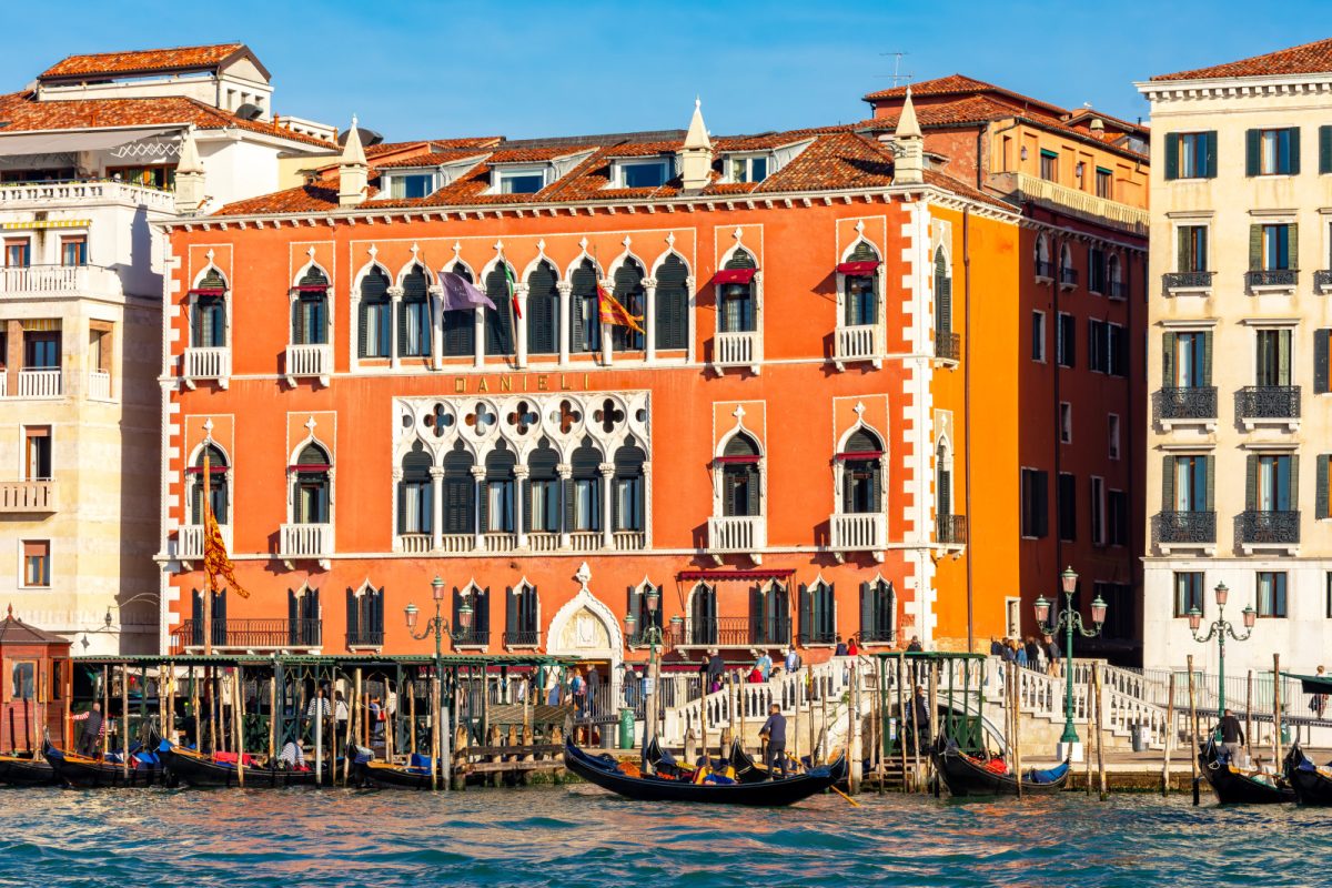 Building exterior of the historic Hotel Danieli by the Grand canal in Venice, Italy