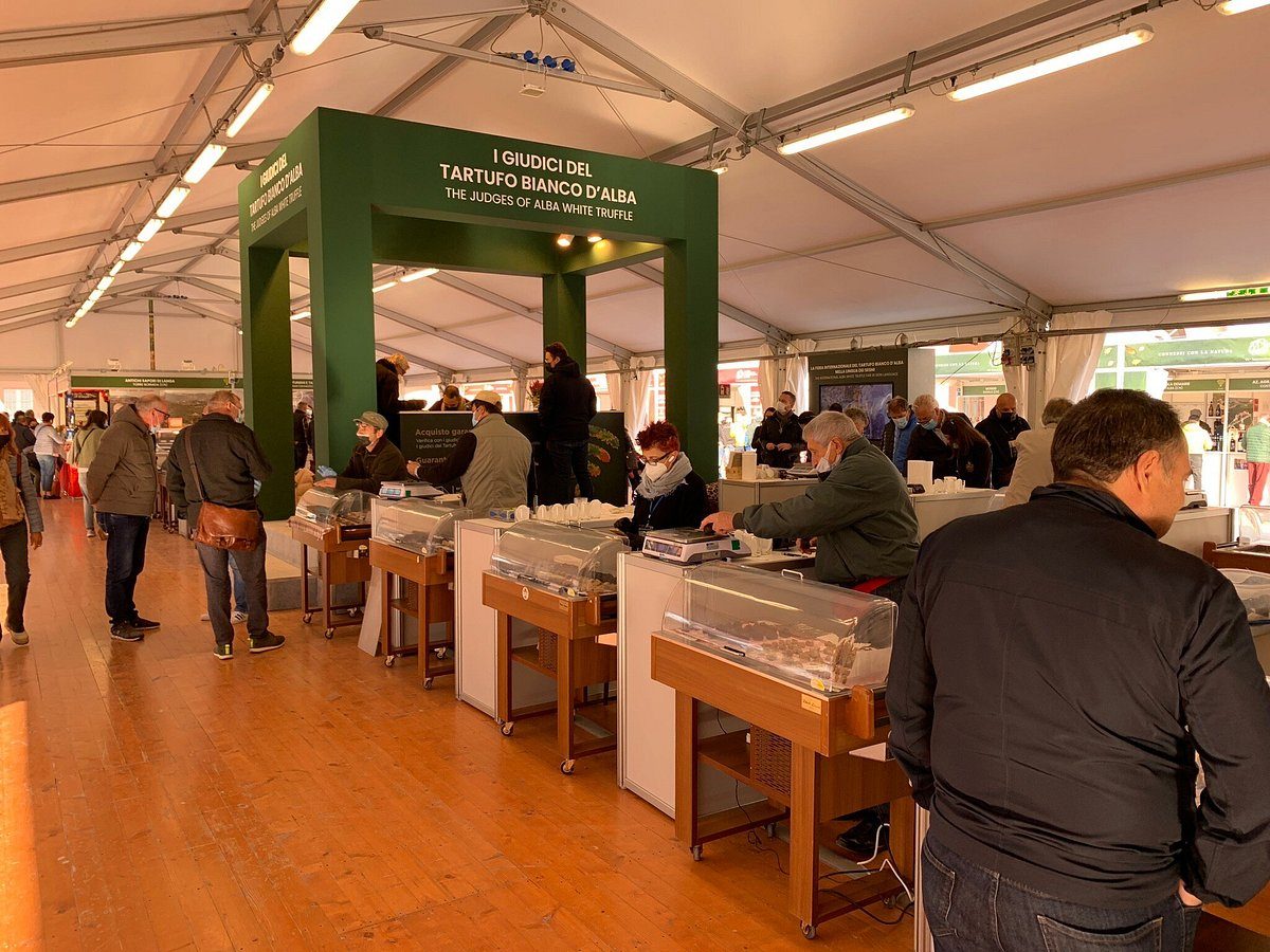 Truffle stalls at International White Truffle Fair in Alba, Italy