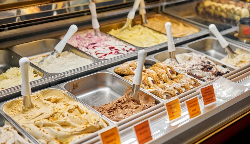 Gelato Italian gelateria with different flavors available in Rome, Italy