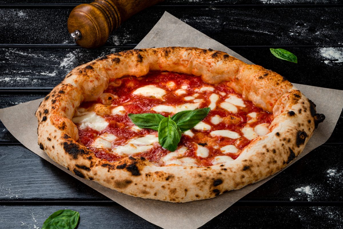 Close-up of the traditional Margherita pizza with mozzarella and basil