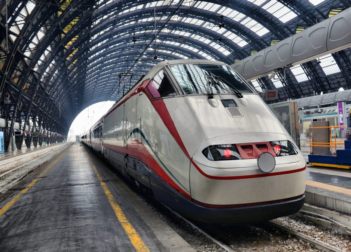 Close-up of a high-speed train at the railway station in Italy