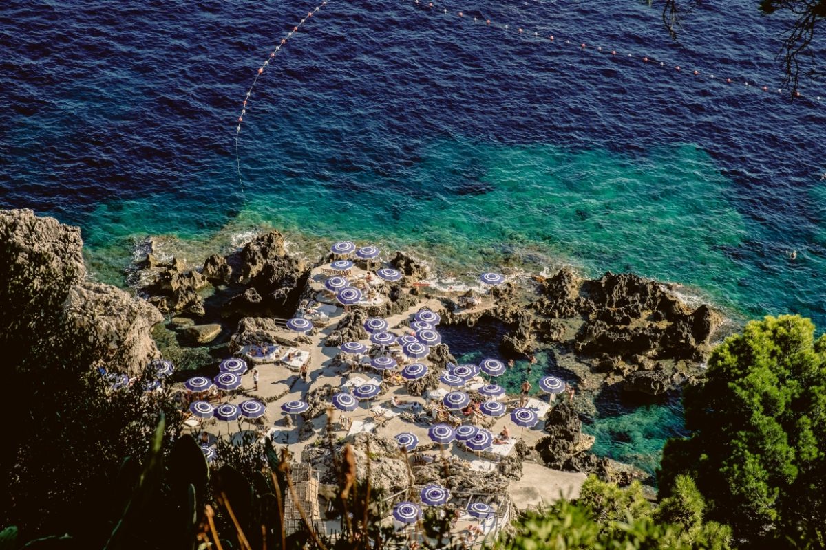 Aerial view of the La Fontelina Beach Club in Capri, Amalfi Coast, Italy