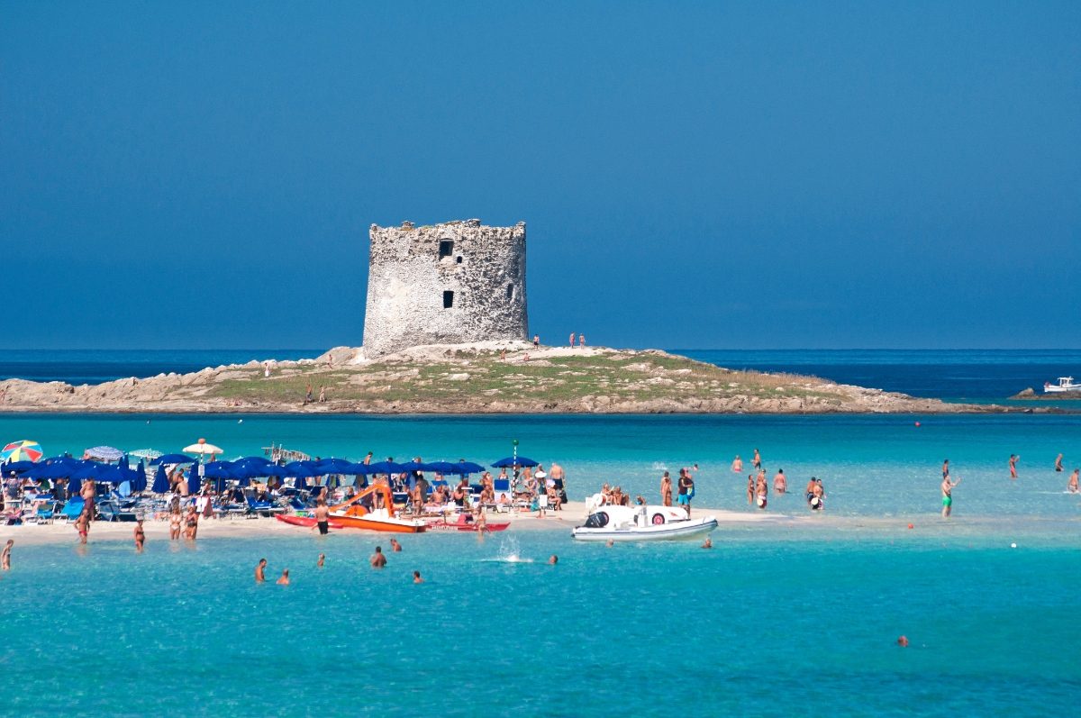 Panoramic view of the La Pelosa Beach in Sardinia, Italy