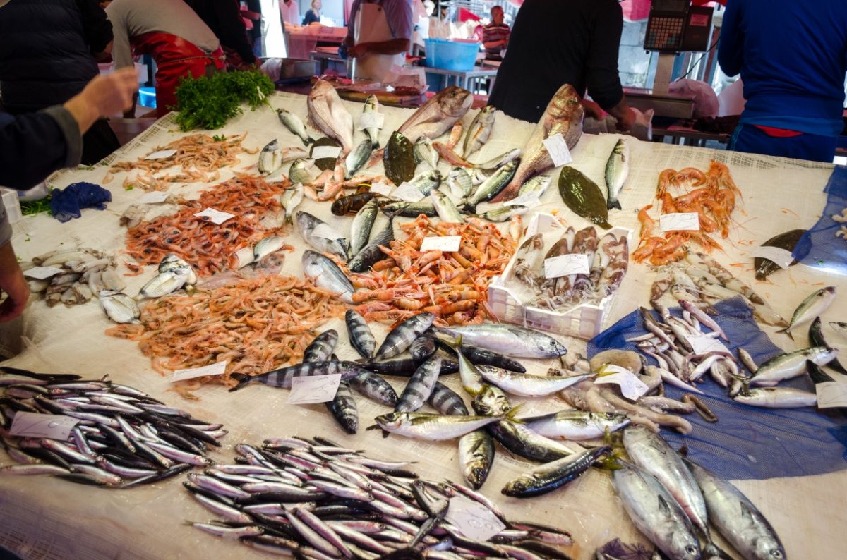 Seafood for sale at the La Pescheria Fishmarket of Catania, Italy 