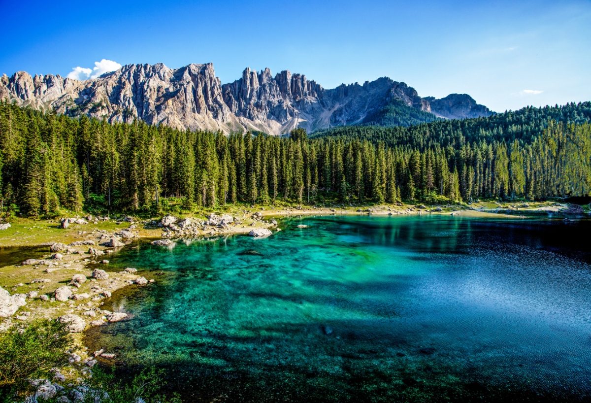 Lago di Carezza or the Carezza lake in the Dolomites in South Tyrol, Italy