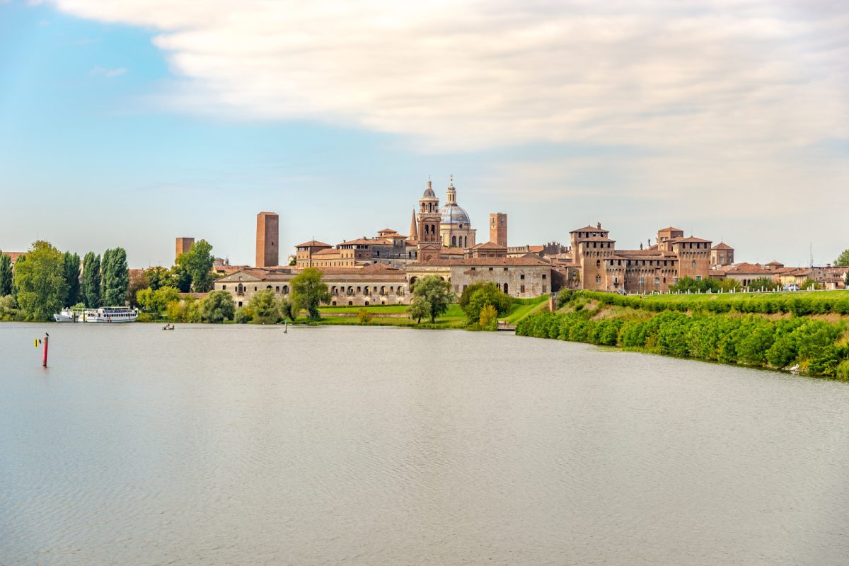 Panoramic view of Lago di Mezzo and Mantua, Italy townscape