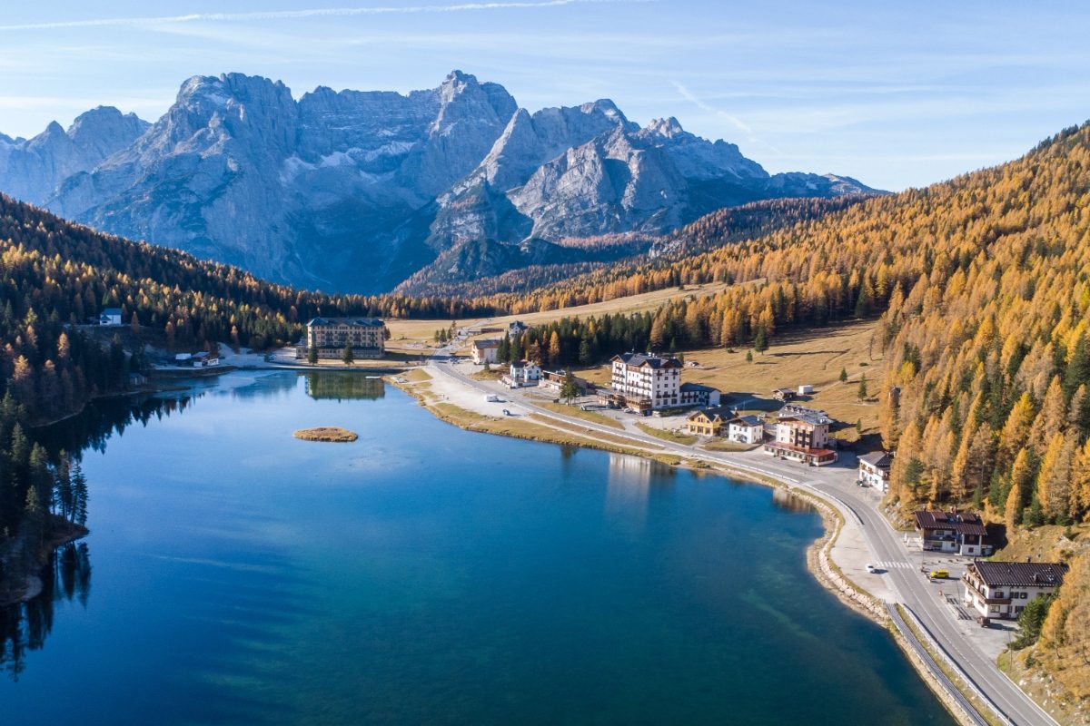 Aerial view of the Lago di Misurina in Dolomites, Italy