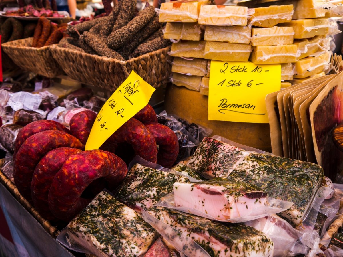 Cheese and meat food for sale on a market in Lake Garda, Italy