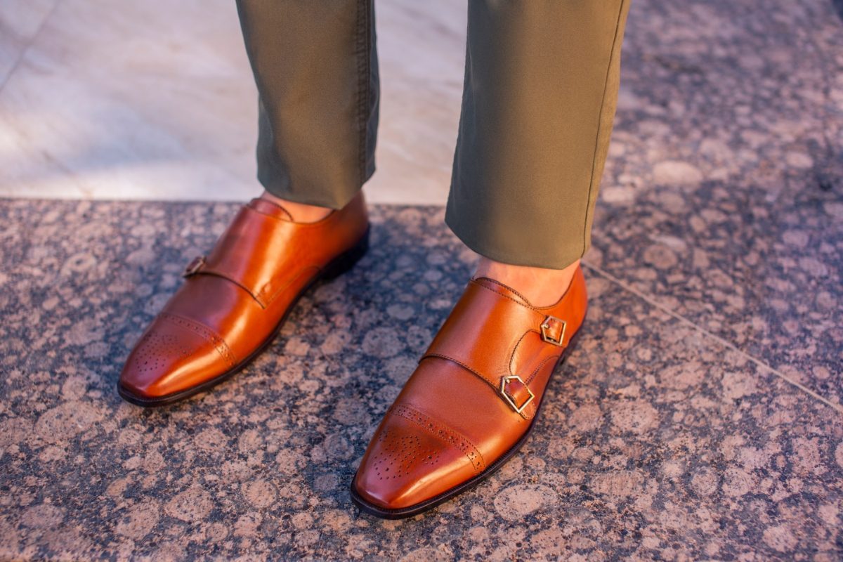 Close-up of a brown fashion leather shoes for men