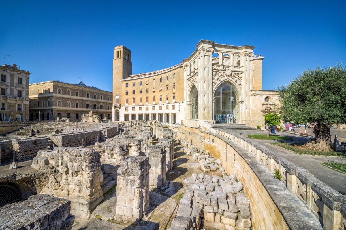 Aerial view an ancient amphitheater in Lecce, Puglia, Italy