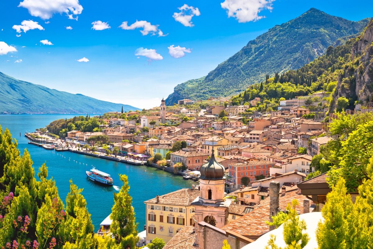 Aerial view of the Limone sul Garda townscape on Lake Garda, Italy