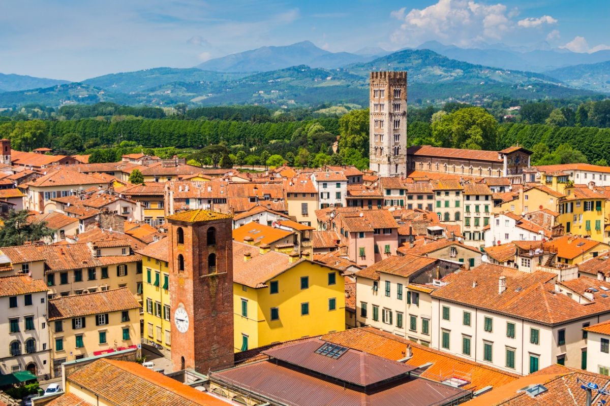 Aerial view of houses, architecture, and townscape of Lucca, Italy