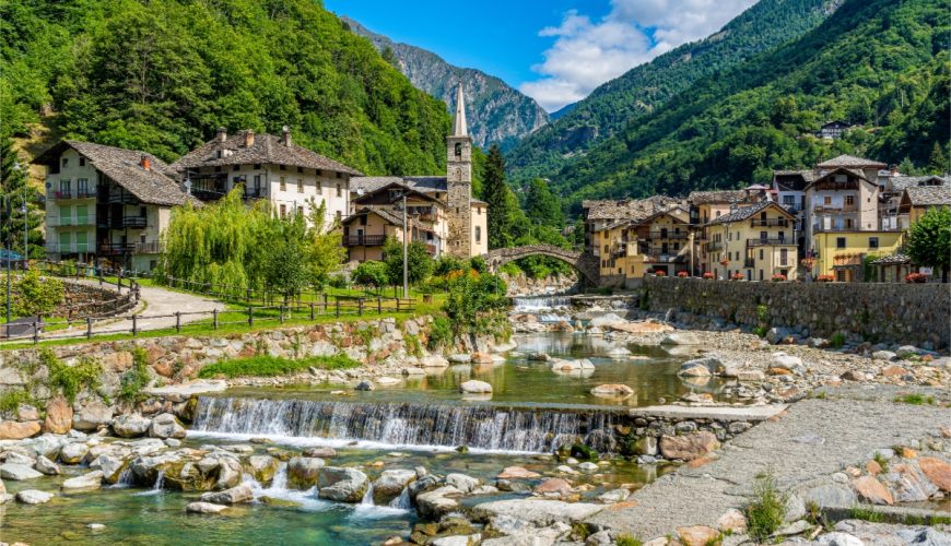 The charming village of Fontainemore nestled in the picturesque Lys Valley at Aosta Valley in Northern Italy