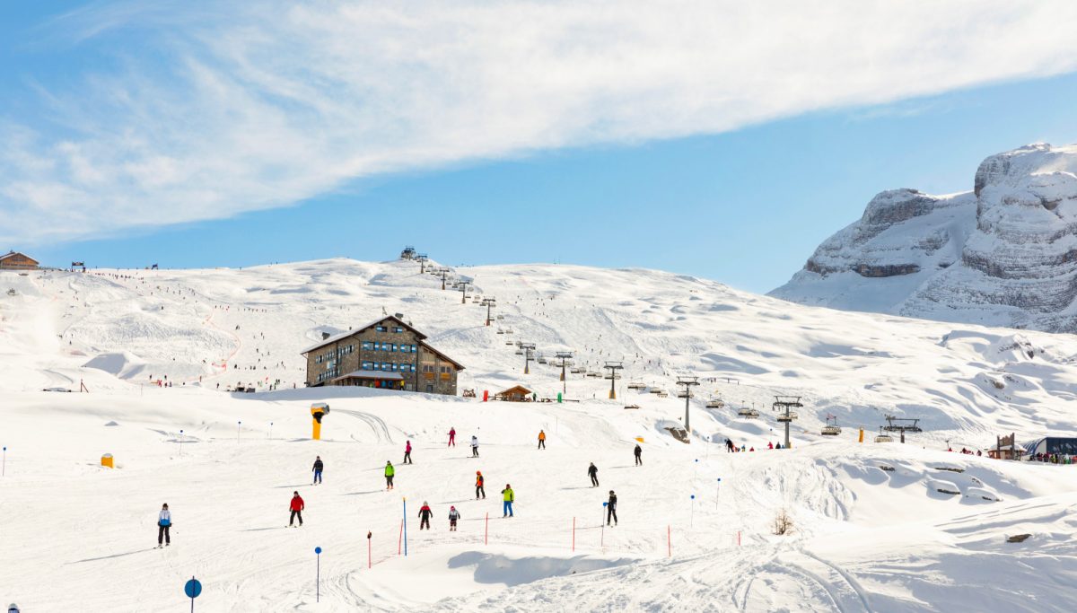 Panoramic view of the Madonna di Campiglio ski area and skiers in Italy