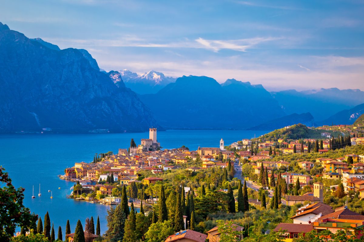 Aerial view of Malcesine town in Lago di Garda, Veneto, Italy