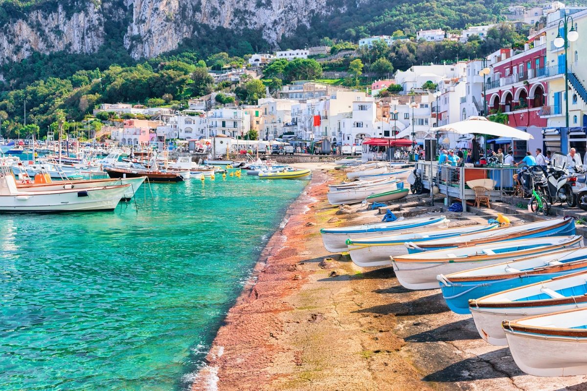 Close-up of the boats and teh coast of Marina Grande in Capri Island, Italy