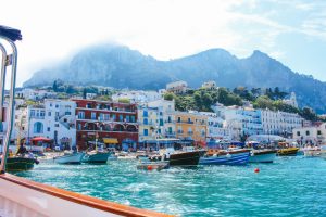 Boats and architectures on Marina Grande in Capri Island, Italy