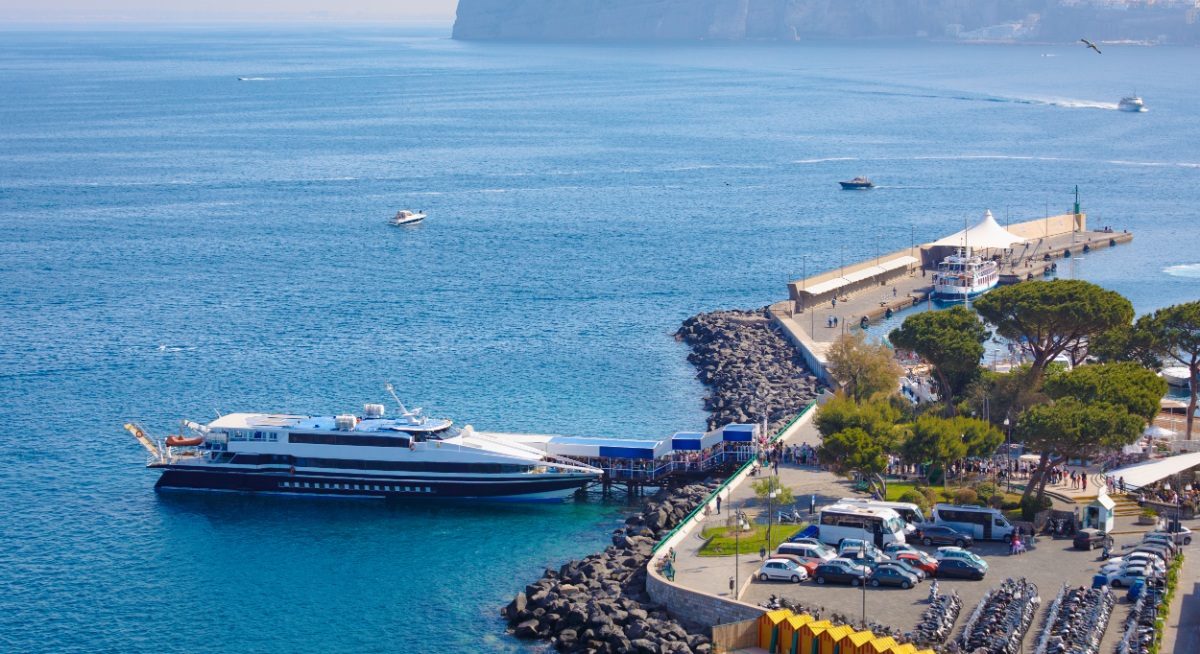 Aerial view of a ferry at the Marina Piccola port in Sorrento, Italy