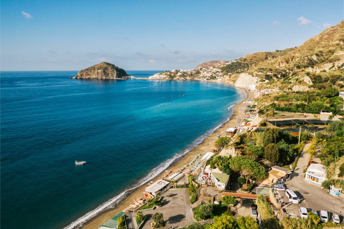 Aerial view of the Maronti beach in Ischia Island, Italy