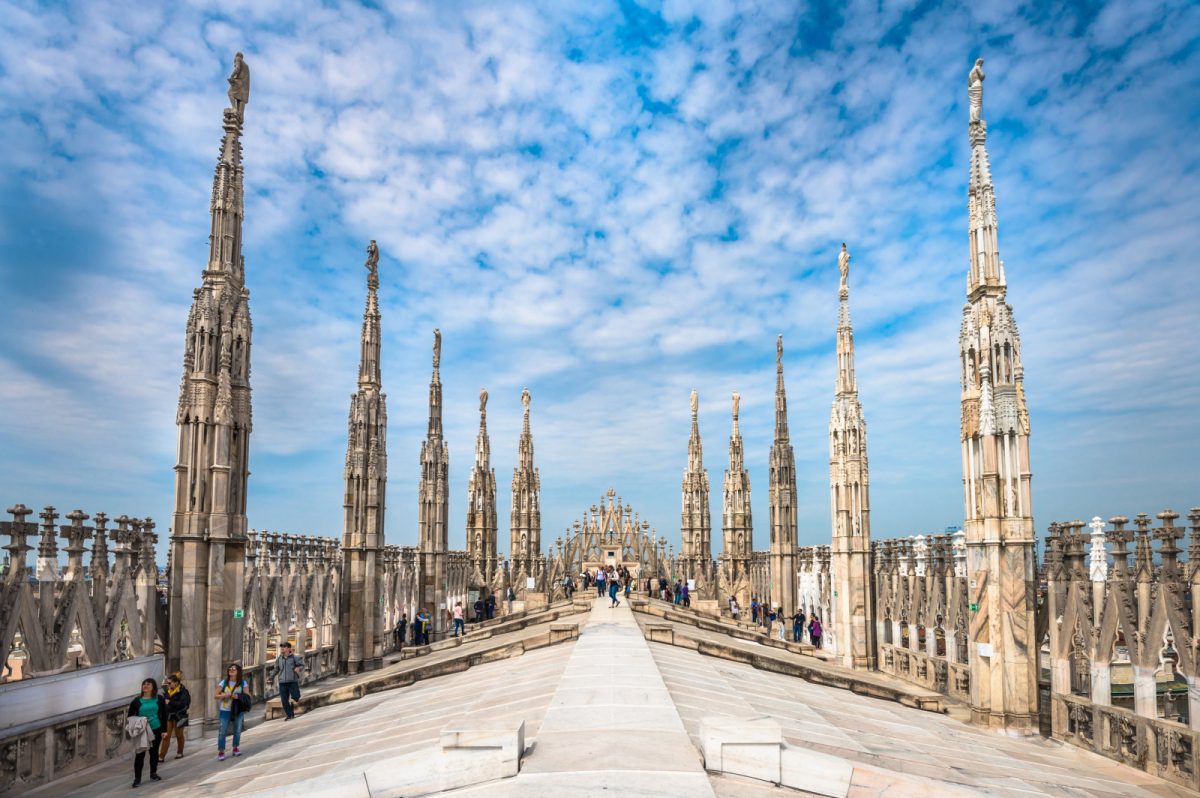 View of the Milan Cathedral roof terrace and skyline in Milan, Italy