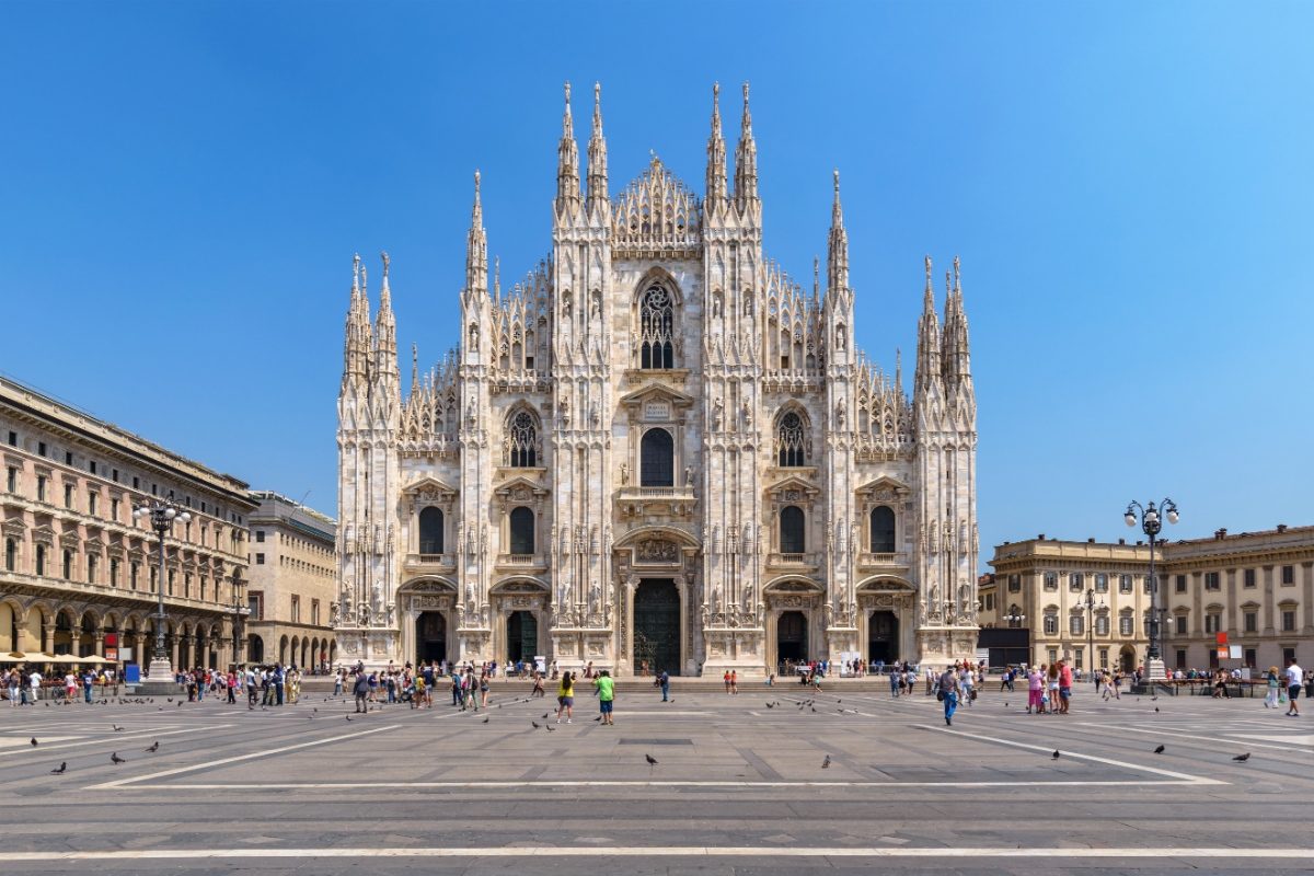 Front and architecture of Milan Duomo in Milan, Italy