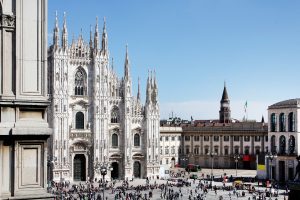 Panoramic view of the Duomo square and the Duomo di Milano in Milan, Italy