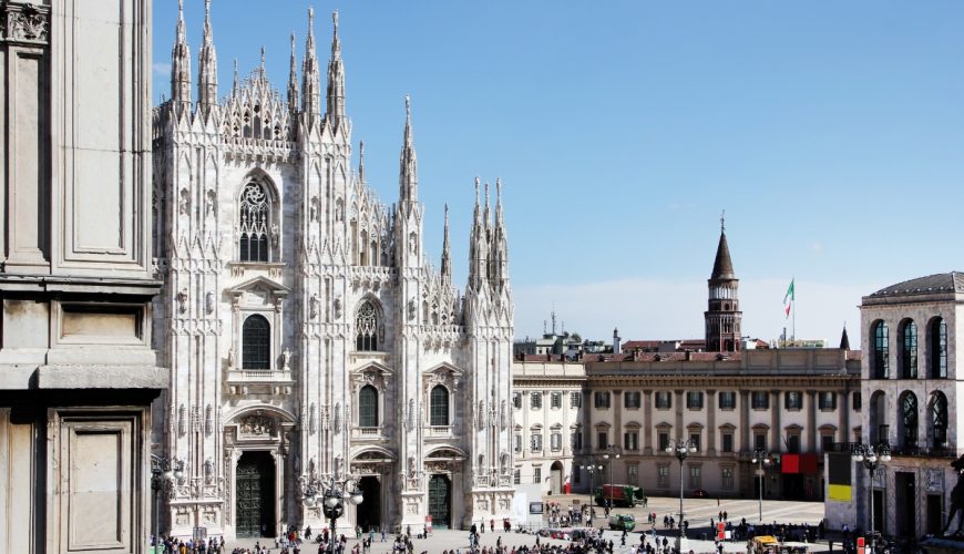 Panoramic view of the Duomo square and the Duomo di Milano in Milan, Italy