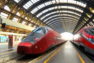 High speed train inside the Central railway station in Milan, Italy