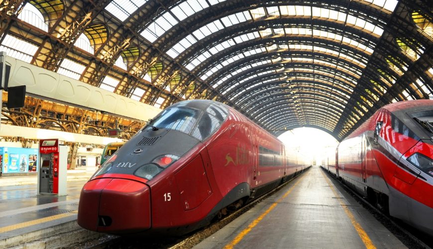 High speed train inside the Central railway station in Milan, Italy