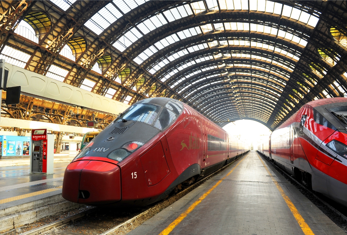 High speed train inside the Central railway station in Milan, Italy