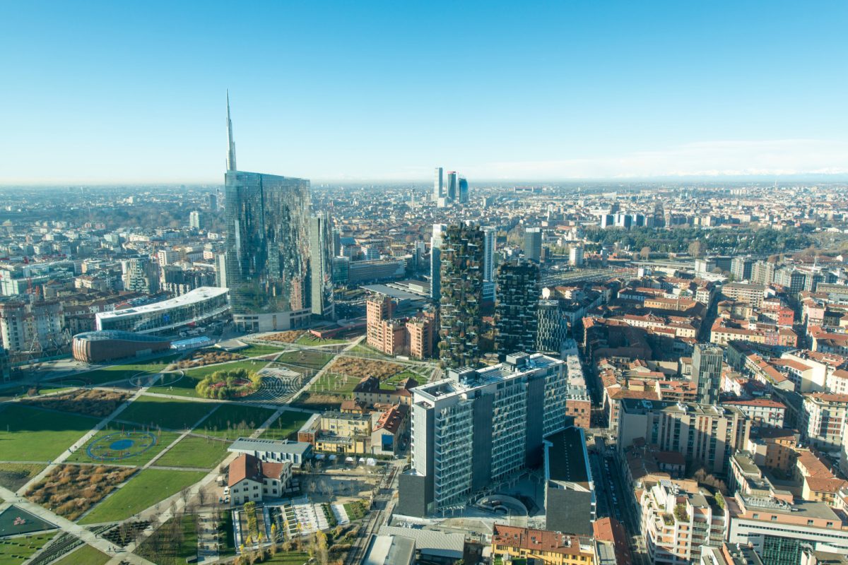 Aerial view of the Milan cityscape, buildings, and architectures