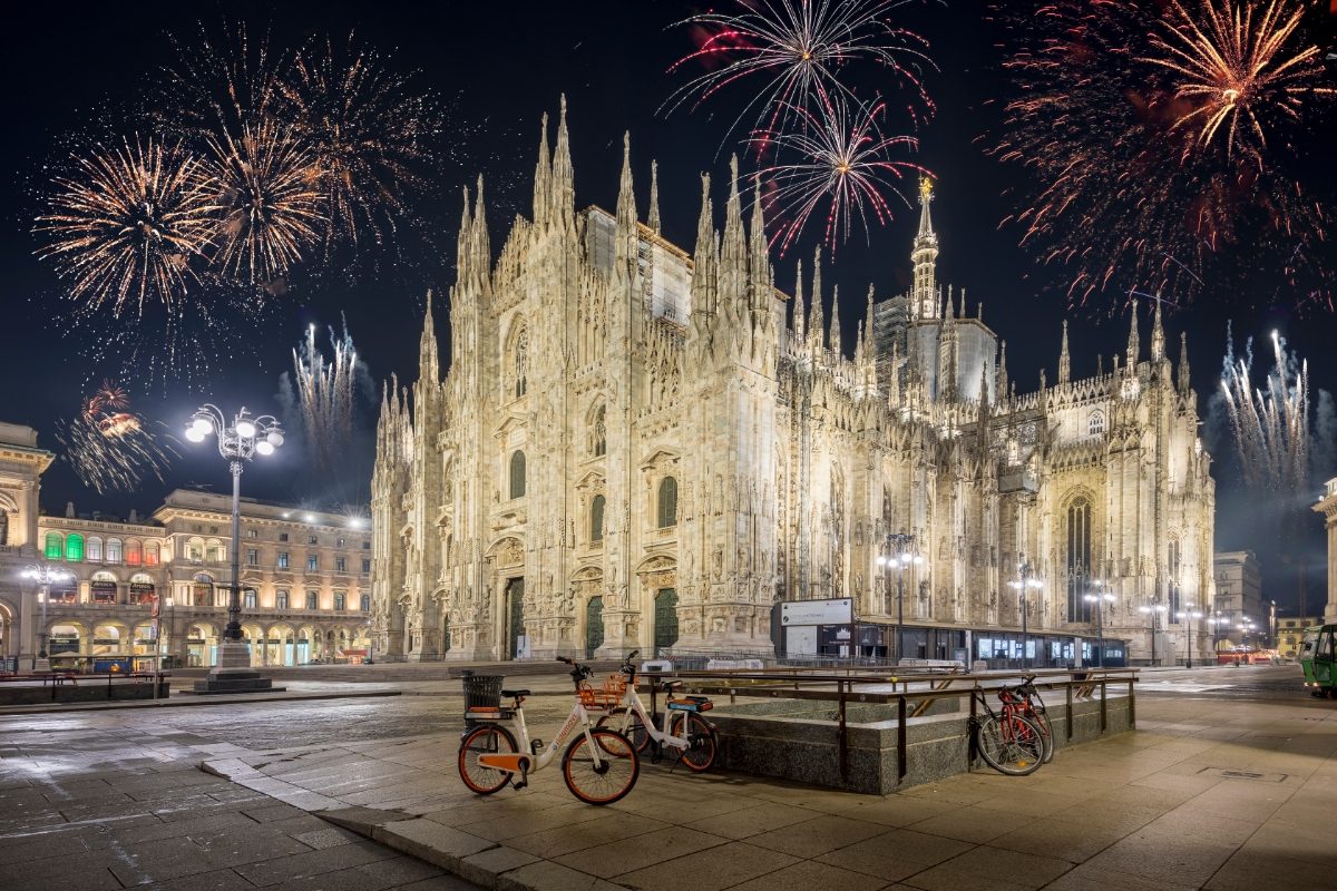 Fireworks at Piazza del Duomo in Milan, Italy, during New Year's celebrations