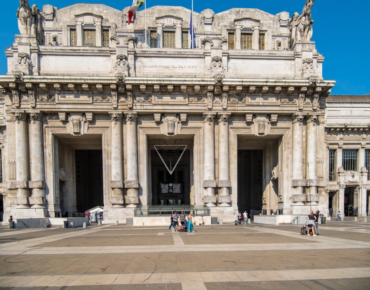 Front and exterior of the Milano Centrale train station in Milan, Italy