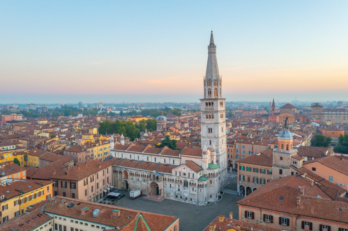 Aerial view of Duomo di Modena and Modena, Italy cityscape