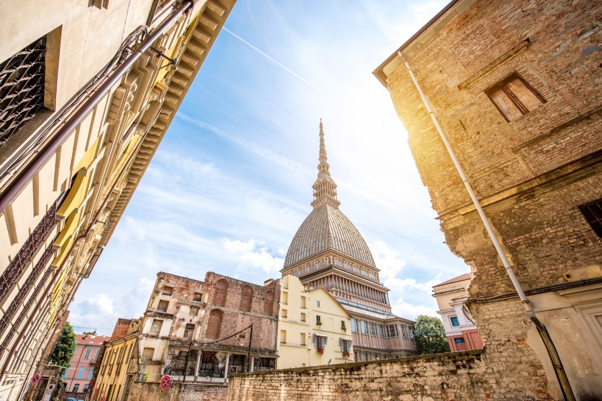 Sunset view and the facade of Mole Antonelliana in Turin, Italy