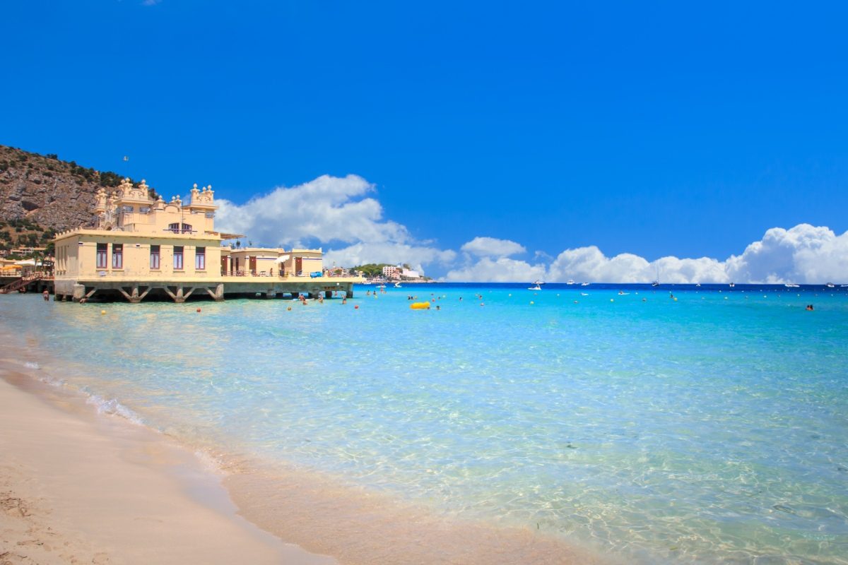 Panoramic view of the Mondello beach in Palermo, Sicily, Italy